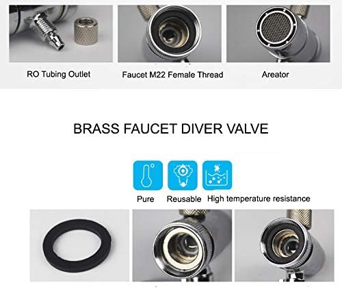 2 Way Kitchen Faucet Diverter Valve/Splitter with Female M22(≈22mm) Thread and 1/4 OD RO Tubing outlet for Counter water Filter