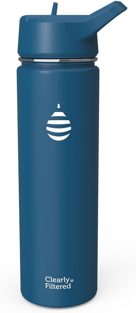 Clearly Filtered Water Bottle | Removes 200+ Contaminants, Double-Wall Insulated Stainless Steel, BPA/BPS Free, Phthalate Free, Filters Flouride Lead Chlorine (20oz, Navy Blue)