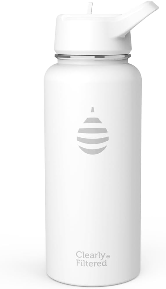 Clearly Filtered Water Bottle | Removes 200+ Contaminants, Double-Wall Insulated Stainless Steel, BPA/BPS Free, Phthalate Free, Filters Flouride Lead Chlorine (32oz, White)