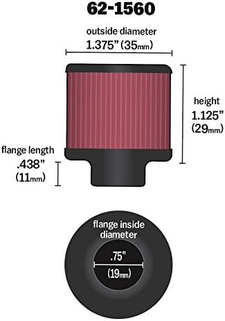 K&N Vent Air Filter/Breather: High Performance, Premium, Washable, Replacement Engine Filter: Flange Diameter: 0.75 in, Filter Height: 1.125 in, Flange Length: 0.4375 in, Shape: Breather, 62-1560