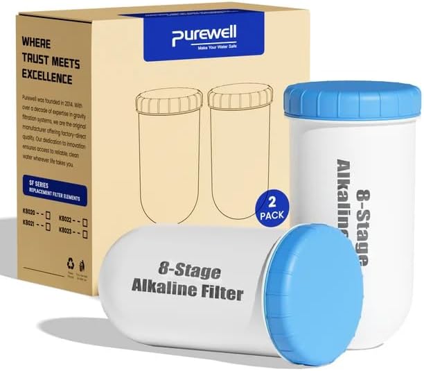Purewell 8-Stage Alkaline Filter Elements, 7-Inch Pitcher Cartridge Compatible with Zero Pitcher, NSF/ANSI 42 & 372 Certified, 2000-Gallon Long-Lasting, Up to pH 9, Reduces 99% Chlorine (2-Pack)
