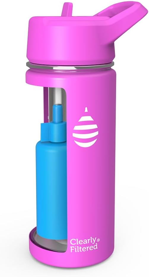 Clearly Filtered Water Bottle | Removes 200+ Contaminants, Double-Wall Insulated Stainless Steel, BPA/BPS Free, Phthalate Free, Filters Flouride Lead Chlorine (16oz, Purple Dino)