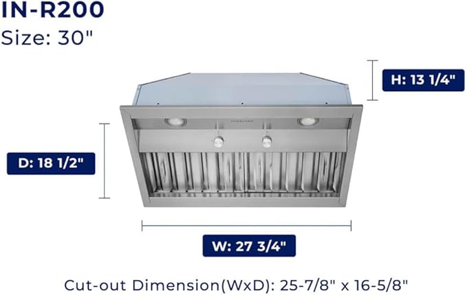 Hauslane Range Hood Insert 30 Inch, Hood Vent for Kitchen | Low Noise Performance, Professional-Grade Baffle Filters, LED Lamps, Stainless Steel Ductless Hood, Built in Range Hood 18.5” Deep