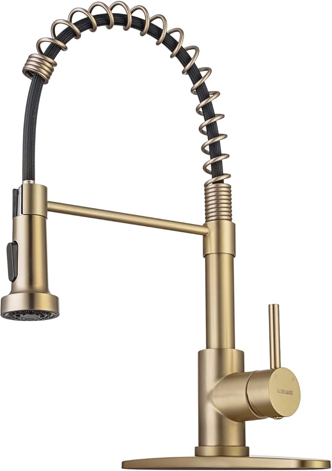 WEWE Brushed Gold Kitchen Faucet with Pull Down Sprayer, RV Brass Kitchen Faucet Stainless Steel Single Handle Spring Faucet with Deck Plate for Farmhouse Utility bar Laundry Sinks