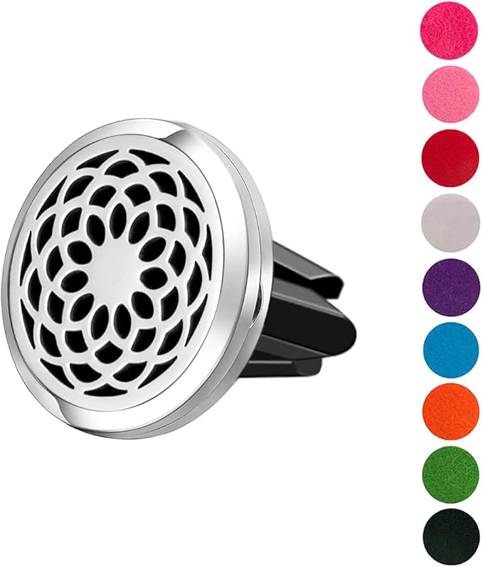 Wild Essentials Sunflower Essential Oil Car Vent Diffuser Kit, Lavender, Lemongrass, Peppermint, Orange Oils, Stainless Steel Locket Pendant, 8 Refill Pads, Customizable Color Changing Air Freshener
