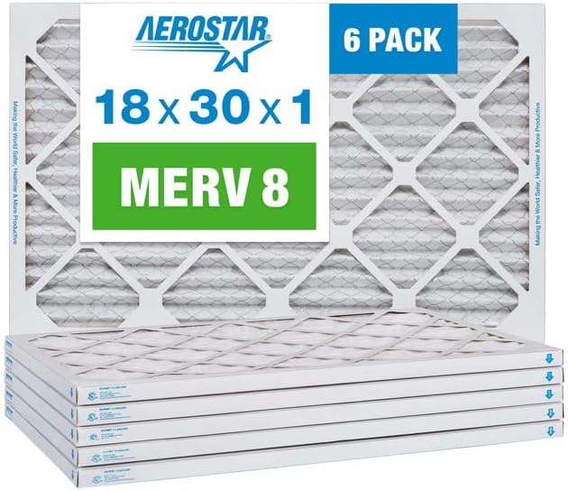 Aerostar 18x30x1 MERV 8 Air Filter, Pleated AC Furnace HVAC Filters (17.5x19.5x0.75), Electrostatically Charged for Allergies Dust Pet Dander Pollen Mold Lint, MPR 600 FPR 5, USA, 6 Pack