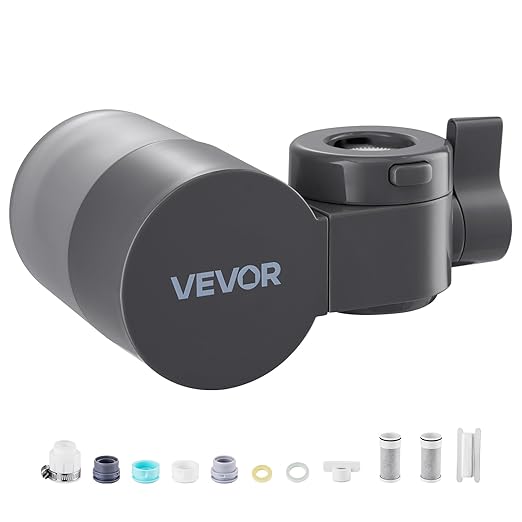 VEVOR Faucet Mount Water Filter, Horizontal Water Purifier for Sink Tap, NSF Certified Carbon Fiber Filter, Removes Chlorine Lead with 3 Filters, Fits Most Kitchen or Bathroom Faucets, Gray
