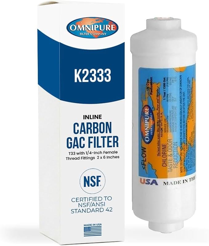 Omnipure K2333 Inline Carbon Water Filter 3/8 Inch Quick Connect GAC T33 2 x 6 Inch Cartridge for RO Systems Ice Makers Under Sink Use K2333-KK