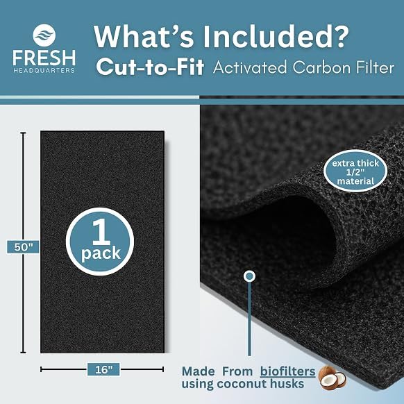 Activated Carbon Filter Sheet – 16"W x 50"L Extra Thick Cut to Fit Air Filters | Charcoal Filter Sheets for Air Purifier, AC Vent, Range Hood, Litter Box & Odor VOC Control