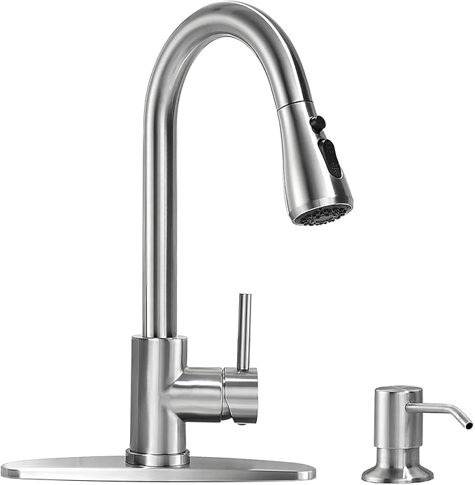 VFAUOSI RV Bath Faucets, Shower Faucet with Soap Dispenser for RV Sink, 3-Mode Kitchen Sink Faucet with Pull Down Sprayer Stainless Steel Single Handle Brushed Nickel