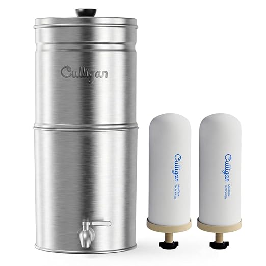Culligan MaxClear 2.25 Gallon Gravity Water Filter System, Brushed Stainless-Steel Countertop Water Filter NSF/ANSI Certified to Reduce Microplastics, Lead & Total PFAS, with 2 Ceramic Filters