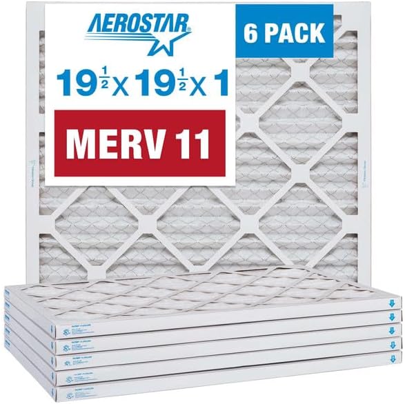 Aerostar 19.5x19.5x1 MERV 11 Air Filter, Pleated AC Furnace HVAC Filters (19.5x19.5x0.75), for Allergies Asthma Dust Pet Dander Smoke Bacteria Viruses, MPR 1500 FPR 10, USA, 6 Pack