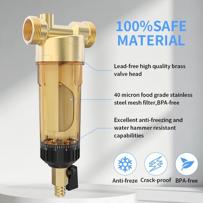 40 Micron Spin Down Sediment Water Filter, Sediment Filter with Automatic Cleaning Filter Screen, 1" MNPT + 1/2" FNPT+3/4" FNPT Reusable Well Water Whole House Filtration System.