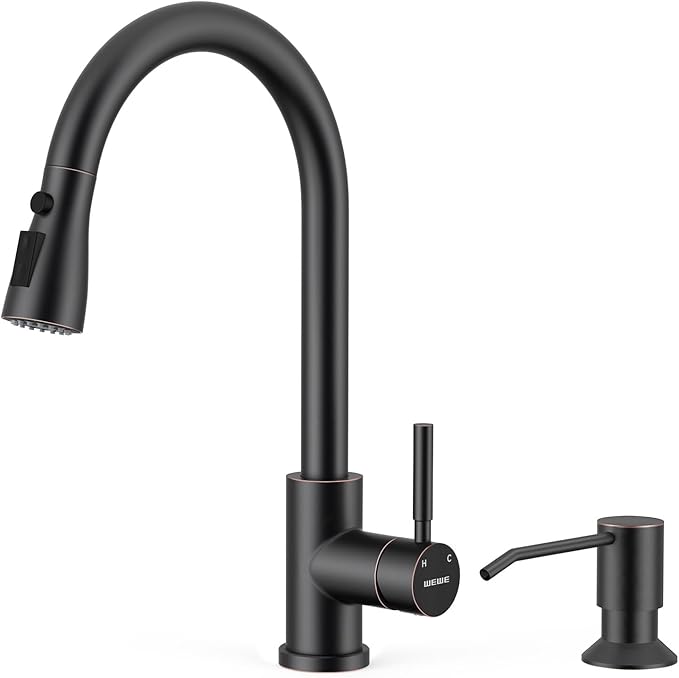 WEWE Kitchen Faucet with Pull Down Sprayer and Soap Dispenser, Oil Rubbed Bronze High Arc Single Handle Stainless Steel Sink Faucet, Suitable for Farmhouse, RV & Laundry