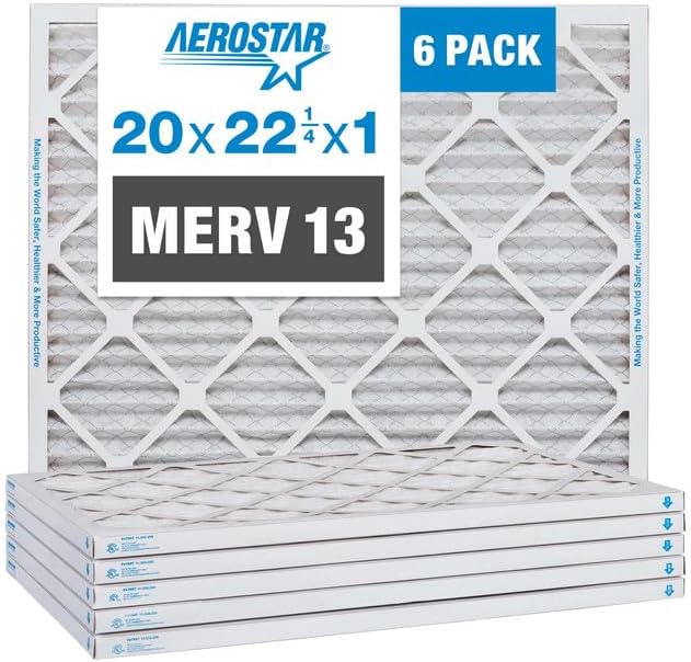Aerostar 20x22.25x1 MERV 13 Air Filter, Pleated AC Furnace HVAC Filters (19.875x22.25x0.75), for Allergies Asthma Dust Pet Dander Pollen Smoke Bacteria, MPR 1200 FPR 7, USA, 6 Pack