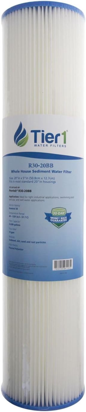 Tier1 30 Micron 20x4.5 Water Filter | Whole House Sediment Water Filter | Pleated Polyester Cartridge | Replacement for Pentek R30-20BB, 155430-43, SPC-45-2030 | High-Flow 4.5 x 20 Water Filter