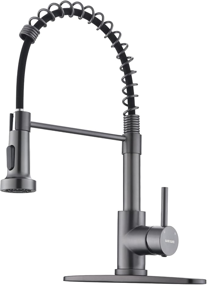 WEWE Black Stainless Kitchen Faucet, Faucet for Kitchen Sink with Pull Down Sprayer Gray Matte Gun Black Kitchen Faucet with Deck Plate Stainless Steel Farmhouse Commercial Single Handle Sink Faucet