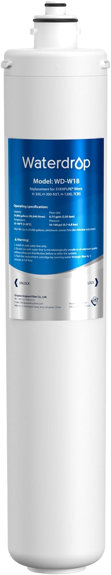 Waterdrop H-300 Under Sink Water Filter, Replacement Cartridge for Everpure H-300, H-300-NXT, 7CB5, EV9270-71, EV9270-72, EV9618-11, EV9855-50, EV9282-01, 24000 Gallons, Pack of 1