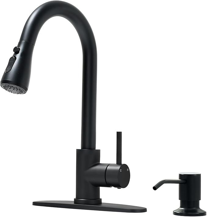 VFAUOSIT Kitchen Faucet with Escutcheons and Soap Dispenser, 3-Mode Black Stainless Steel Kitchen Faucet Escutcheons for 2 to 4-Hole Bar Laundry RV Utility Sink