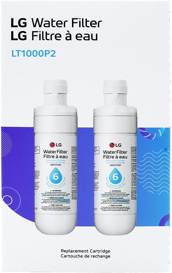 LG LT1000P2 6-Month / 200 Gallon Refrigerator Replacement Water Filter, Reduces Chlorine, 2 Count (Pack of 1), White.