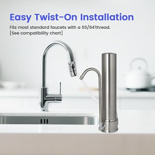 Amwater Countertop Water Filtration System, 5-Stage Stainless Steel Countertop Filter, 8000 Gallons Water Filter-Reduction of Lead, Chlorine, Heavy Metal Bad Odors (1 Filter Included)