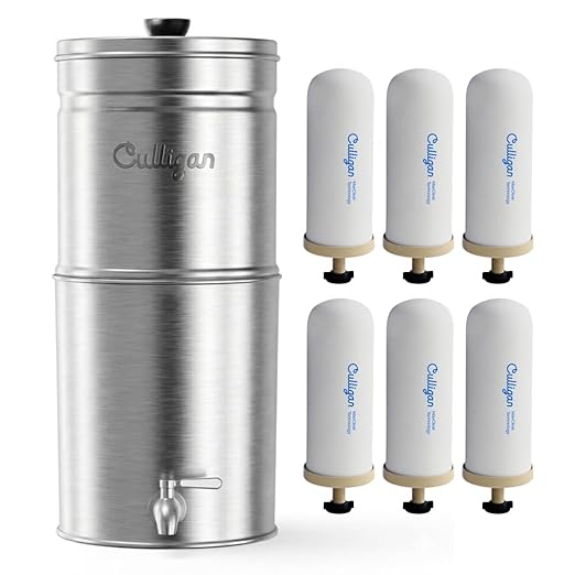 Culligan MaxClear 3 Gallon Gravity Water Filter System, Brushed Stainless-Steel Countertop Water Filter NSF/ANSI Certified to Reduce Microplastics, Lead & Total PFAS, with 6 Ceramic Filters