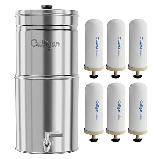 Culligan MaxClear 3 Gallon Gravity Water Filter System, Polished Stainless-Steel Countertop Water Filter NSF/ANSI Certified to Reduce Microplastics, Lead & Total PFAS, with 6 Ceramic Filters