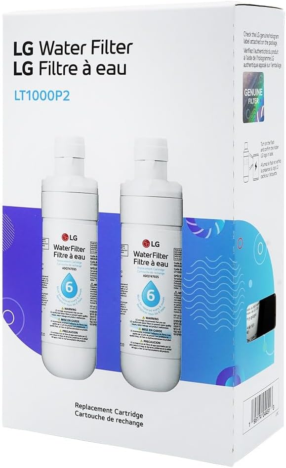 LG LT1000P2 6-Month / 200 Gallon Refrigerator Replacement Water Filter, Reduces Chlorine, 2 Count (Pack of 1), White.