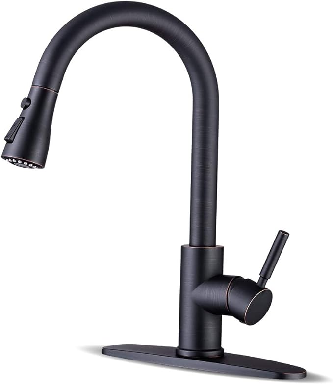 WEWE Kitchen faucets with Pull Down Sprayer, Farmhouse Kitchen Faucet Oil Rubbed Bronze Commercial Modern high arc Stainless Steel Single Handle Single Hole for Utility rv Laundry Sinks