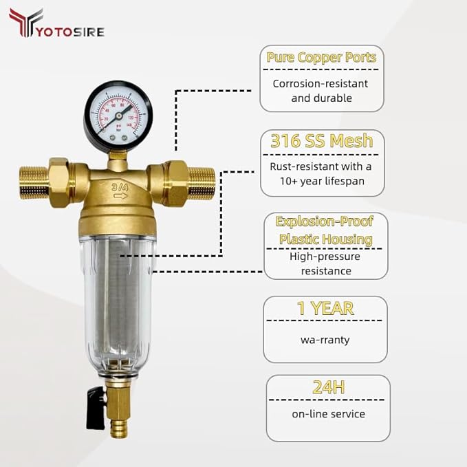 Spin Down Sediment Water Filter System with Pressure Gauge, 100 Micron Stainless Steel filter Mesh Pre-Filter for City/Well Water, 1" MNPT & 3/4" FNPT/MNPT Ports, Easy Backwash Cleaning
