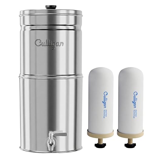 Culligan MaxClear 2.25 Gallon Gravity Water Filter System, Polished Stainless-Steel Countertop Water Filter NSF/ANSI Certified to Reduce Microplastics, Lead & Total PFAS, with 2 Ceramic Filter