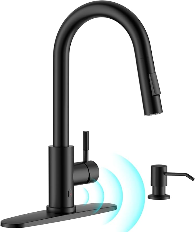 APPASO Black Kitchen Faucet Touchless, Hands-Free Smart Motion Sensor Sink Faucets with Soap Dispenser and Pull Down Sprayer 2 Modes, High Arc S304 Stainless Steel for Kitchen Sink