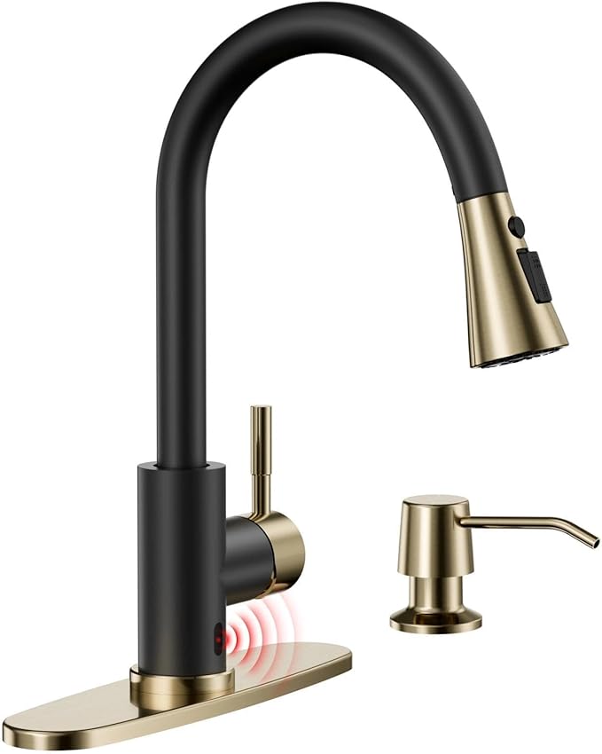 APPASO Black and Gold Kitchen Faucet, CUPC Certified Touchless Sink Faucet with Soap Dispenser and Pull Down Sprayer 3 Modes, High Arch Single Handle Hands Free Motion Sensor Kitchen Faucets