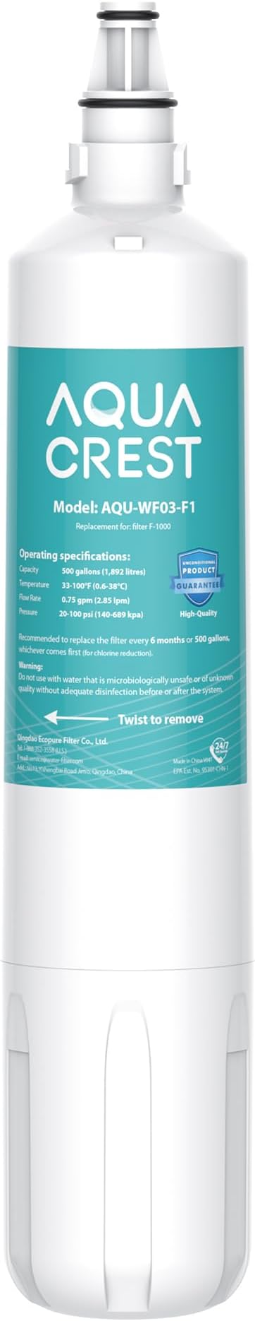 AQUACREST F-1000, 4204490 Water Filter, Replacement for InSinkErator® F-1000, F-2000, F-3000, Sub-Zero 4204490, 4290510, WCF110-L and AquaPure AP Easy C-Complete, Subzero Water Filter, NSF/ANSI 42