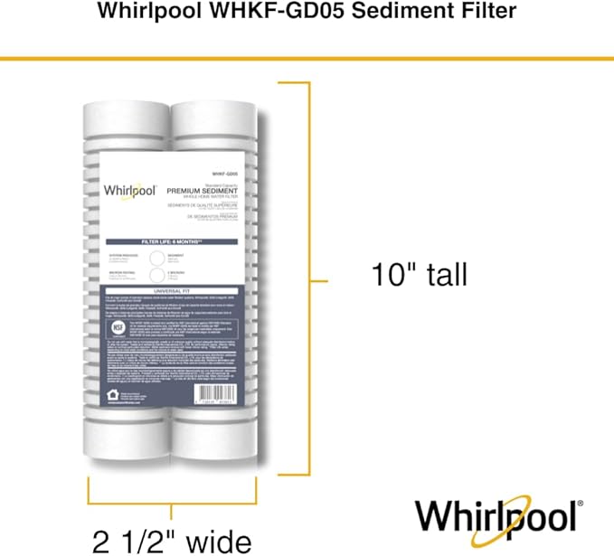 Whirlpool 10" x 2.5" Whole House Sediment Water Filters. WHKF-GD05 Grooved Filter, 5 Micron, NSF Certified Reduces Sand, Soil, Silt & Rust for Standard Filter Housings, 24-Pack