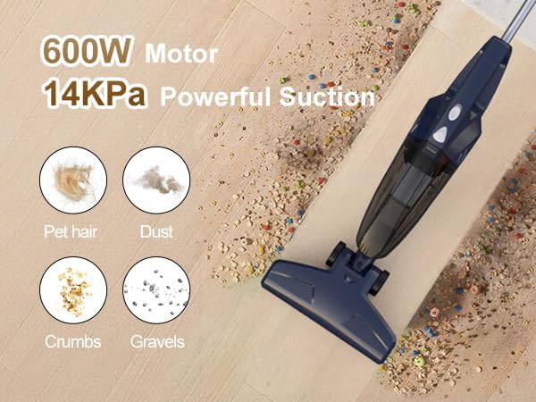 Corded Vacuum Cleaner, 14KPa Powerful Suction with 600W Motor, Lightweight Stick Vacuum Cleaner, Converts to Handheld with Washable Filter, Handheld Vacuum for Home, Pet Hair, Carpet, Hard Floors, Car