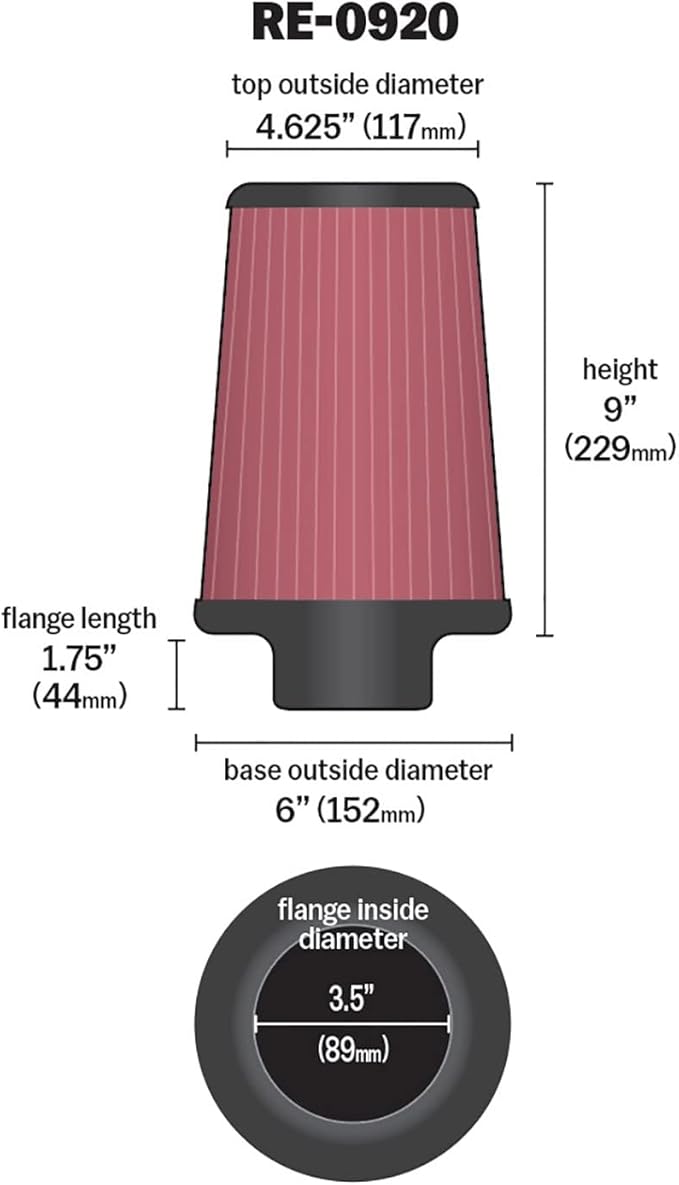 K&N High-Flow Original Lifetime Universal Clamp-On Air Filter:High Performance,Premium,Washable:Flange Diameter:3.5 In,Filter Height:9In,Flange Length:1.75 In, Shape:Round Tapered,RE-0920 (Pack of 6)