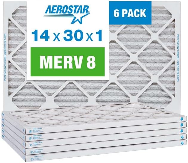 Aerostar 14x30x1 MERV 8 Air Filter, Pleated AC Furnace HVAC Filters (13.875x29.875x0.75), Electrostatically Charged for Allergies Dust Pet Dander Pollen Mold Lint, MPR 600 FPR 5, USA, 6 Pack