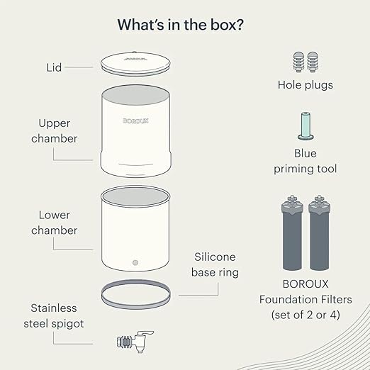 Boroux Legacy Gravity-Fed Countertop Stainless Steel Water Filter System | 3 Gallons with 2 Authentic Black Foundation. Filters