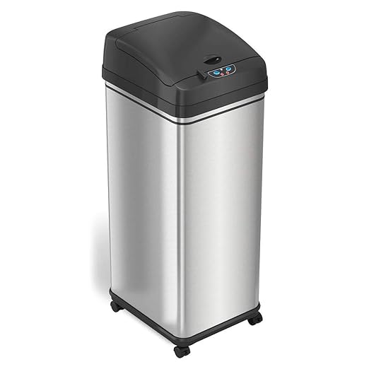 iTouchless Rolling 13 Gallon Sensor Kitchen Trash Can with Lid and Wheels Odor Filter Stainless Steel Automatic Kitchen Garbage Bin Trashcan for Home Office Bedroom Living Room Garage Wastebasket