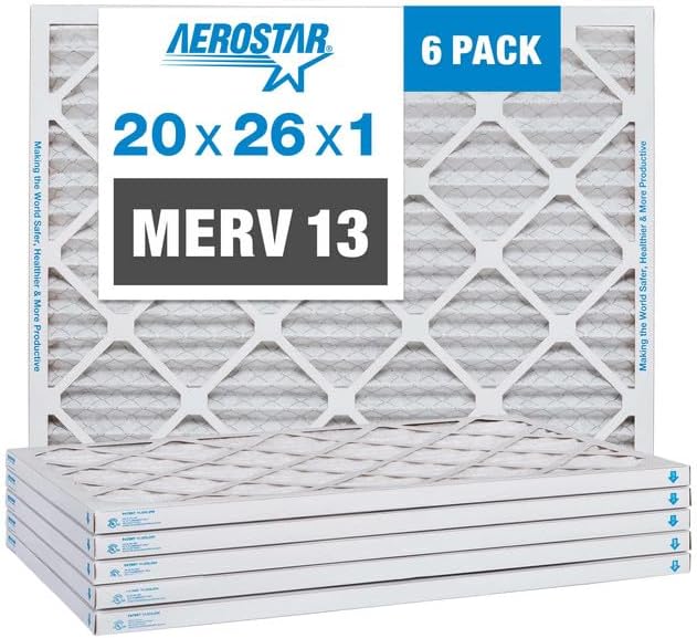 Aerostar 20x26x1 MERV 13 Air Filter, Pleated AC Furnace HVAC Filters (20x26x0.75), for Allergies Asthma Dust Pet Dander Pollen Smoke Bacteria, MPR 1200 FPR 7, USA, 6 Pack
