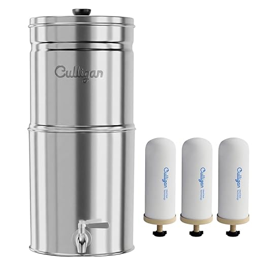 Culligan MaxClear 3 Gallon Gravity Water Filter System, Polished Stainless-Steel Countertop Water Filter NSF/ANSI Certified to Reduce Microplastics, Lead & Total PFAS, with 3 Ceramic Filters