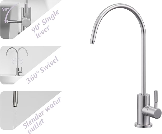 Tohlar Drinking Water Faucet for Kitchen Sink, Brushed Nickel Filtered Water Faucet Lead-Free Reverse Osmosis Faucet Water Filtration System 304 Stainless Steel, Brushed Nickel Finish