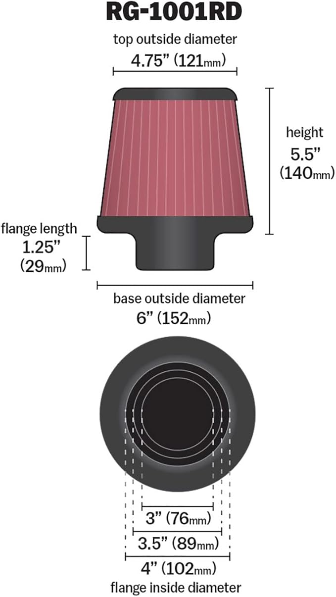 K&N High-Flow Original Lifetime Universal Clamp-On Air Filter: High Performance, Premium: Flange Diameter: 4 In, Filter Height: 5.5 In, Flange Length: 1.125 In, Shape: Round Tapered, RG-1001RD