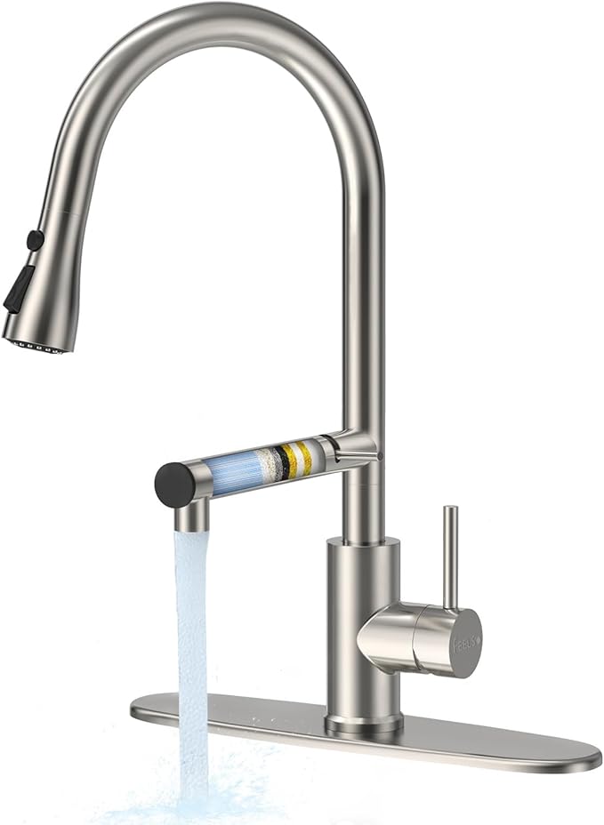FEELSO Kitchen Faucets, Upgraded Filter Water Kitchen Faucet with Pull Down Sprayer, Brushed Nickel Stainless Steel High Arc 1 Or 3 Hole Kitchen Sink Faucet for Remove Lead, Chlorine, Bad Taste & Odor