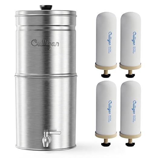 Culligan MaxClear 2.25 Gallon Gravity Water Filter System, Brushed Stainless-Steel Countertop Water Filter NSF/ANSI Certified to Reduce Microplastics, Lead & Total PFAS, with 4 Ceramic Filters