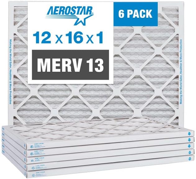 Aerostar 12x16x1 MERV 13 Air Filter, Pleated AC Furnace HVAC Filters (11.5x15.5x0.75), for Allergies Asthma Dust Pet Dander Pollen Smoke Bacteria, MPR 1200 FPR 7, USA, 6 Pack