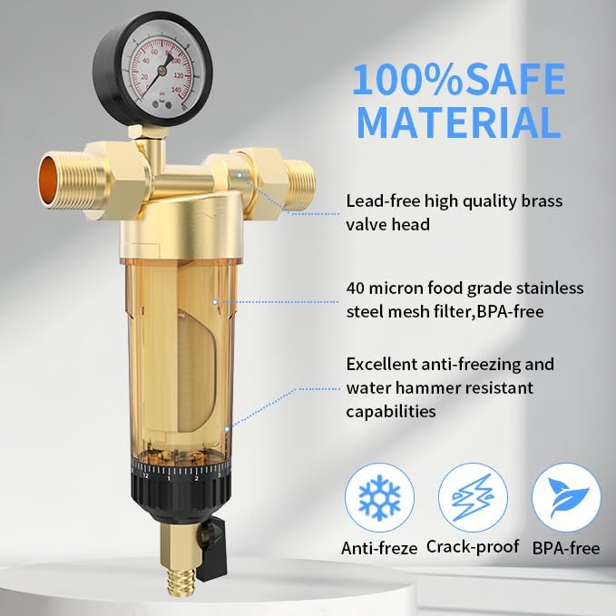 40 Micron Spin Down Sediment Water Filter, Sediment Filter with Automatic Cleaning Filter Screen, 1" MNPT + 1/2" FNPT+3/4" FNPT Reusable Well Water Whole House Filtration System.