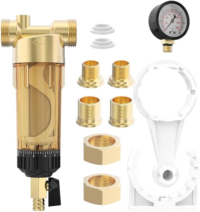 40 Micron Spin Down Sediment Water Filter, Sediment Filter with Automatic Cleaning Filter Screen, 1" MNPT + 1/2" FNPT+3/4" FNPT Reusable Well Water Whole House Filtration System.