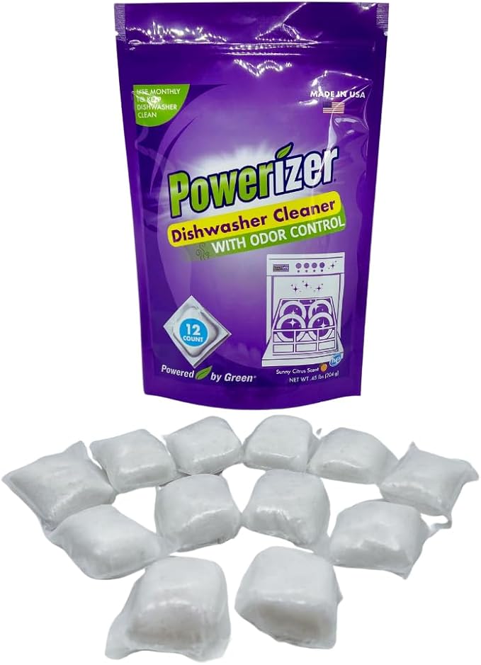 Powerizer Dishwasher Cleaner - Pack of 12 Pods| Removes Grease, Stains, & Odors | Eco-Friendly Solution for Sparkling Clean Dishes | Compatible with All Dishwashers